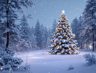 Fototapeta premium Christmas tree in a snowy forest with snowflakes falling, nature, winter wonderland