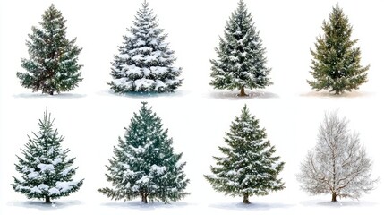 Fototapeta premium Collection of christmas Trees with Snow on white background