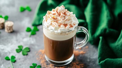 Irish coffee with whipped cream and cocoa powder on gray concrete background with green decor. Traditional St Patrick's day drink. Festive hot beverage for menu or recipe