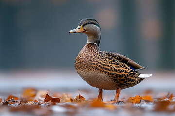 Fototapeta premium Female Mallard Duck Autumn Leaves Background