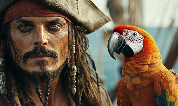 A pirate with a parrot, showcasing adventure and camaraderie on the high seas.