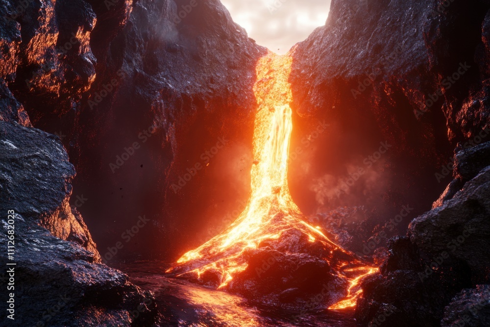 Aufkleber huge waterfall of magma and lava pouring from the top of an erupting volcano, lava flowing through d