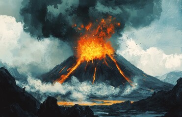 A volcano erupting, with lava and smoke rising from the top of its crater, in the style of an illustration
