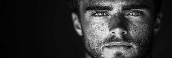 Black and white portrait of a handsome young man with a captivating gaze, highlighting his masculine features and intense expression