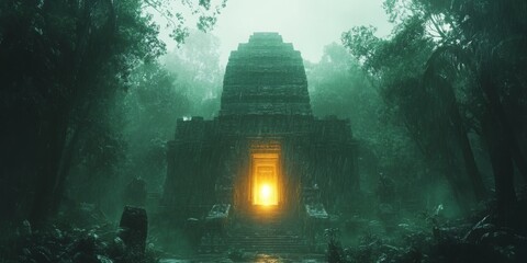 Enchanted Temple in Lush Jungle, a mystical sanctuary illuminated softly amidst thick foliage, vibrant colors, captivating anime-inspired design