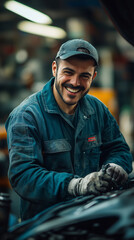 Fototapeta premium Smiling mechanic repairing car engine in auto repair shop