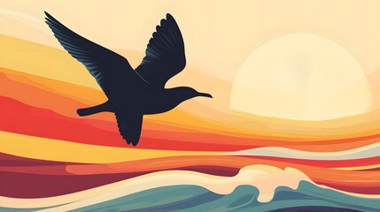 Naklejka premium Silhouette of a Bird Flying over Colorful Waves and a Setting Sun in a Gradient Sky Illustrating Freedom and Serenity in Nature