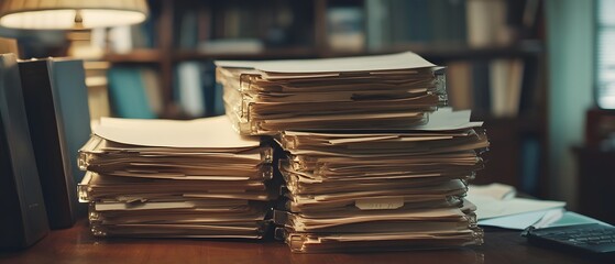 A cluttered desk with tall stacks of organized paperwork and files, showcasing the importance of documentation in a professional environment. Ideal for office-themed visuals.