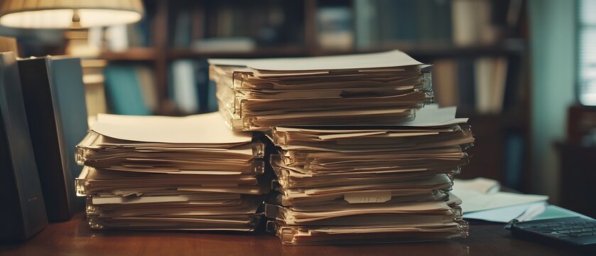A cluttered desk with tall stacks of organized paperwork and files, showcasing the importance of documentation in a professional environment. Ideal for office-themed visuals.