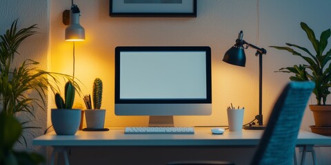 A cozy workspace featuring a blank computer screen, desk lamp, and potted plants, creating a warm and inviting atmosphere for productivity.