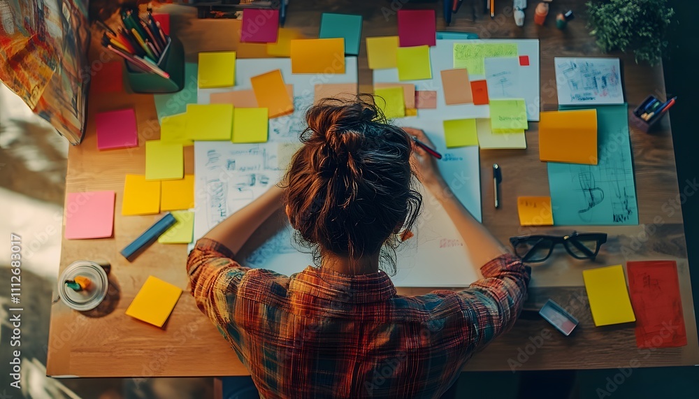 Poster A creative professional works at a cluttered desk filled with colorful sticky notes, sketching concepts and brainstorming ideas, showcasing a dynamic work environment.