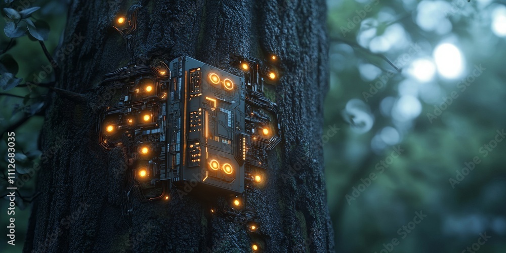 Poster robot integrated with tree trunk, illuminated circuitry merging nature and technology, showcasing ha