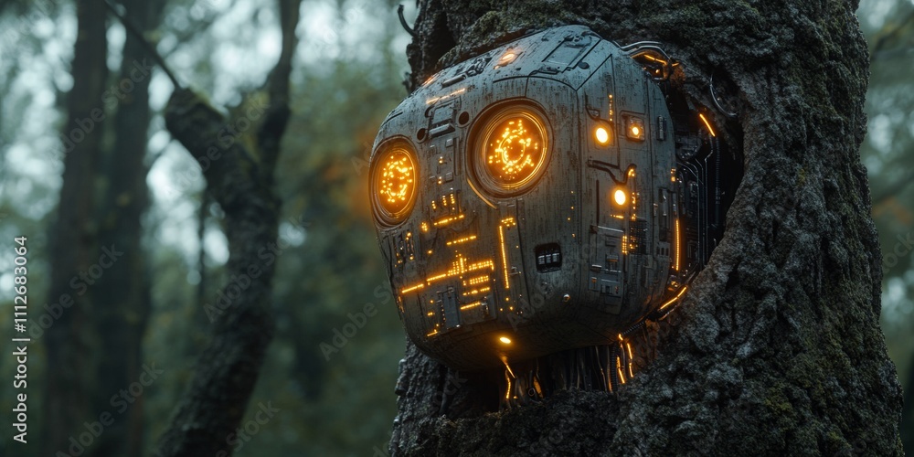 Poster cybernetic camouflage, a robotic entity merges with a tree trunk, illuminated circuitry harmonizing 