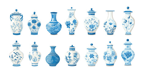 Cartoon chinese vases. Porcelain antique blue ceramic jugs, oriental asian pattern ancient jars vessels kitchen or interior decorative accessories, isolated vectors on white background