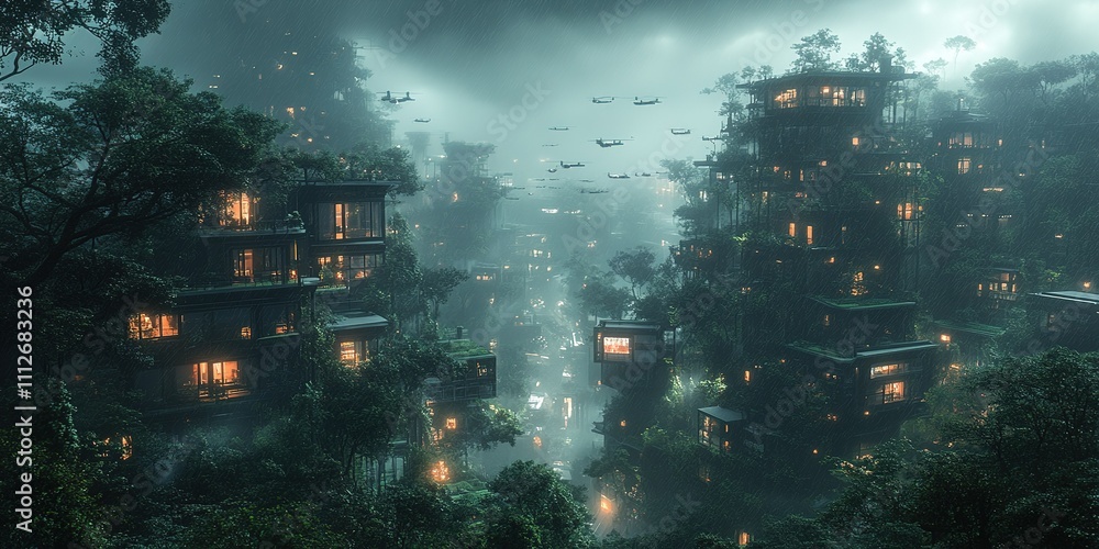 Poster Mysterious misty urban landscape with floating structures and glowing windows at twilight