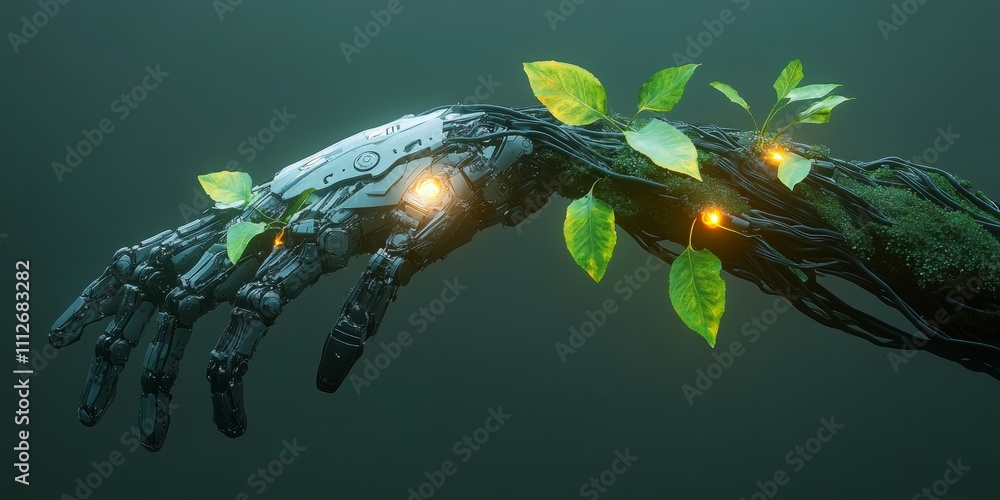 Poster botanical robotics, a futuristic robotic arm resembling a tree branch adorned with luminous leaves, 