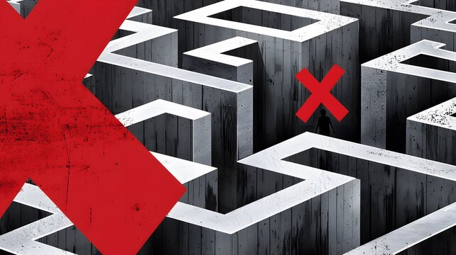 A minimalist, abstract image of a person trapped in a maze, representing the complex and confusing structure of an MLM, overlaid with a red 'X'. The image should convey the feeling of being 