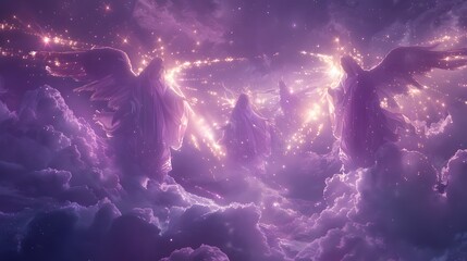 Obraz premium Glowing angelic figures spread across a misty purple night, their radiant forms like stars, divine beams of light illuminating swirling clouds below, a celestial and tranquil setting,