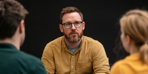 Fototapeta premium A focused man with glasses engaged in conversation with two people, set against a dark background, conveying a serious and thoughtful atmosphere.