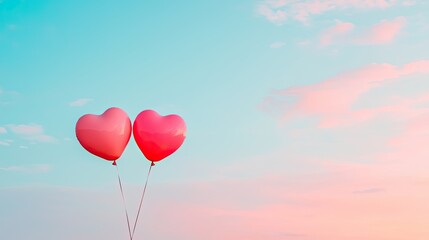 Two pink heart-shaped balloons float against a pastel sky, symbolizing love and celebration.