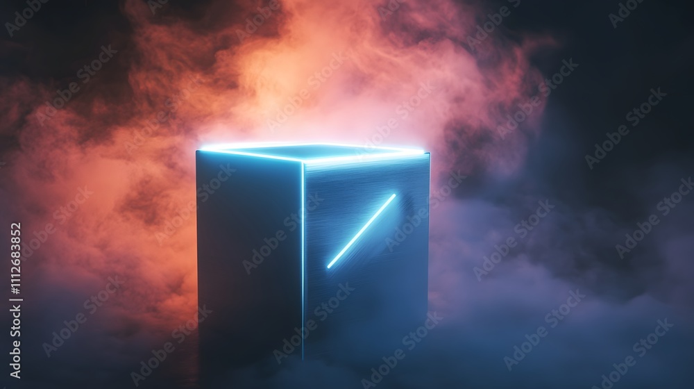 Poster a futuristic glowing cube surrounded by colorful smoke, creating a mystical and captivating atmosphe