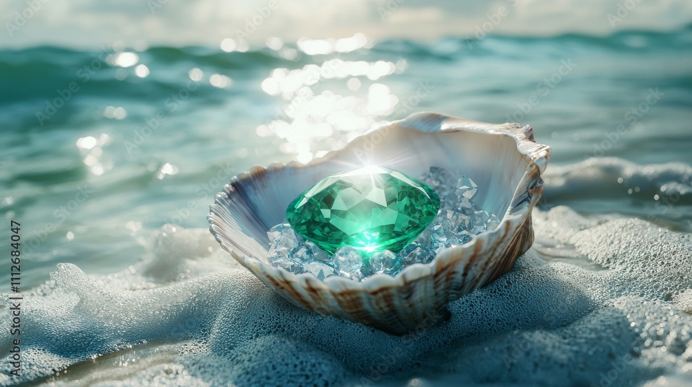 Poster a glimmering green gem rests in an open seashell, surrounded by gentle waves, reflecting light in a 