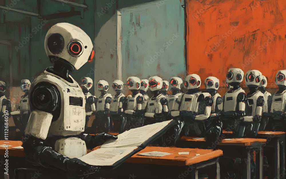 Poster a group of robots in a classroom setting, engaged in learning. the main robot appears to be presenti