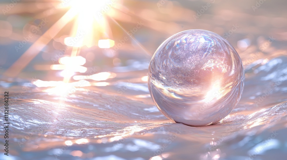 Poster a reflective sphere rests on shimmering water, capturing light and creating a serene, ethereal atmos