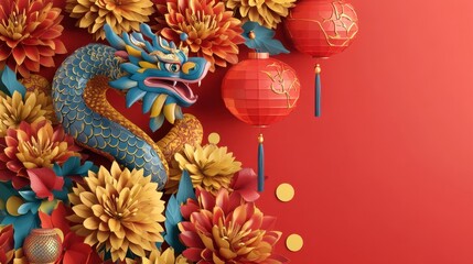 Naklejka premium Artistic Chinese New Year 2025 celebration with a decorative snake, vibrant flowers, and festive lanterns on a radiant red backdrop.