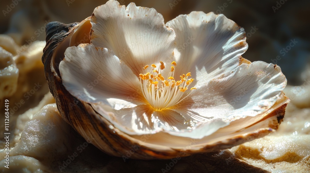 Poster a delicate flower blooms within an open seashell, showcasing intricate details and soft colors, set 