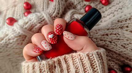Hand with nails decorated with red and white nail polish, with dots and a heart. The hand holds a bottle of red nail polish. The background is a knitted sweater and red ornaments.
