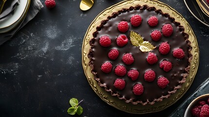 A rich chocolate cake adorned with fresh raspberries and elegant gold decorations, set against a dark background. Perfect for dessert lovers and special occasions.