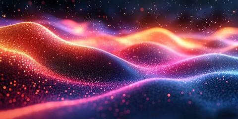 Vibrant waves of light create an abstract landscape in a dynamic color spectrum at night