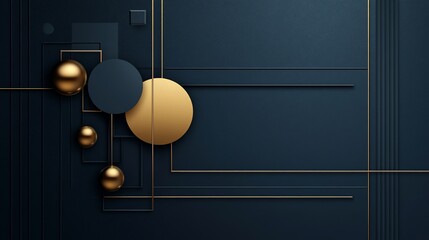 Abstract geometric dark navy blue and gold background with spheres and squares.