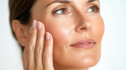 Obraz premium Asian woman gently touching her smooth, glowing cheek, showing radiant healthy skin, white background.