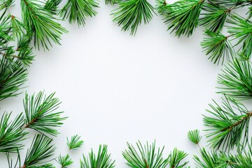 Fresh green pine branches frame a blank white space, perfect for seasonal decorations or creative projects.