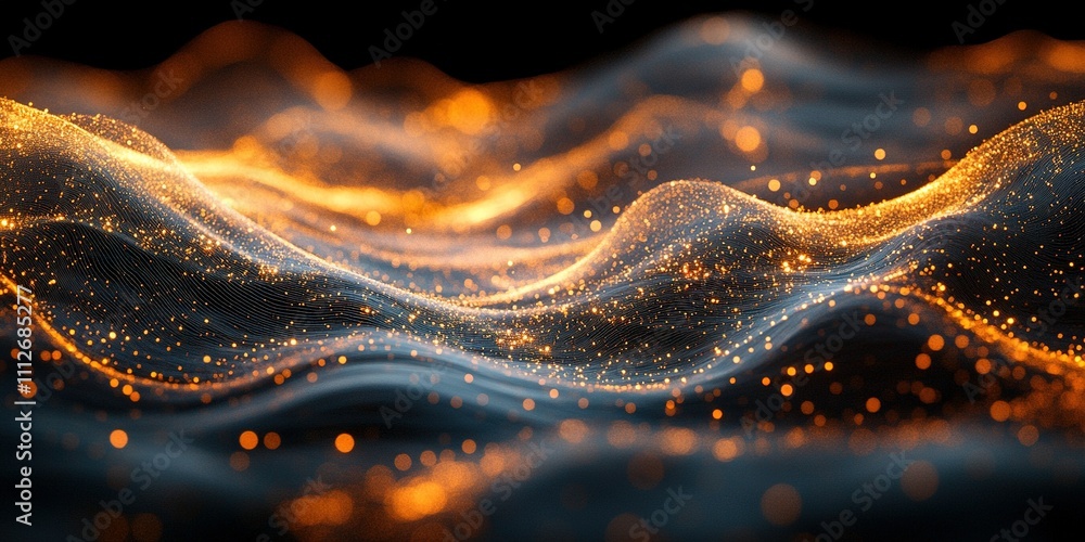 Poster abstract visualization of glowing waves with golden particles flowing through darkness