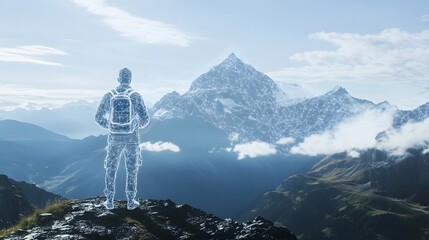 A Person in a Futuristic Outline Stands on a Mountain Peak Overlooking Majestic Snow-Capped Mountains and Lush Valleys Under a Clear Sky