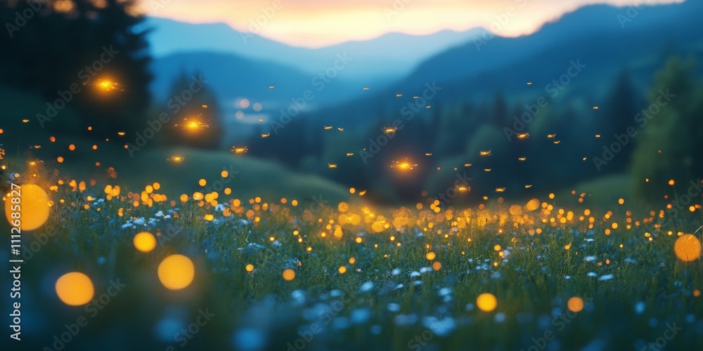 Poster enchanted meadow of dancing fireflies, a tranquil landscape illuminated by glowing insects weaving m