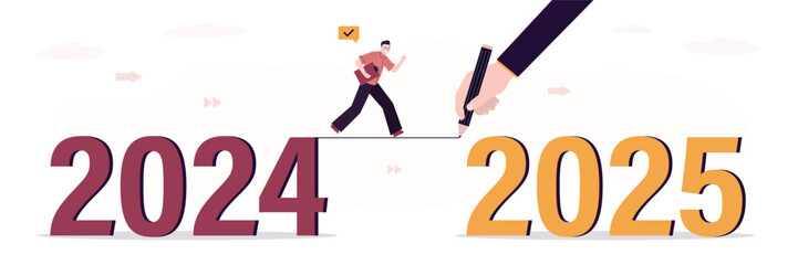 Business coach hand draws line from 2024 to 2025. Ambitions, motivation for success and business growth in 2025, businessman overcoming obstacles