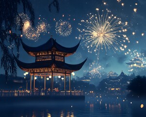 Fototapeta premium A serene night scene featuring a traditional pagoda illuminated by vibrant fireworks against a starry sky reflecting on a tranquil lake, capturing the essence of celebration and be