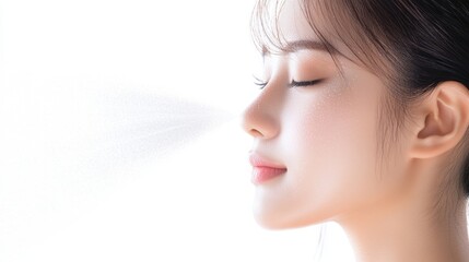 Naklejka premium Asian woman with glowing skin applying a light mist spray, soft lighting, white background.
