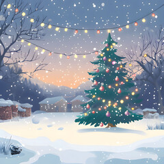 Naklejka premium a christmas tree in the snow with a string of lights. Generative AI