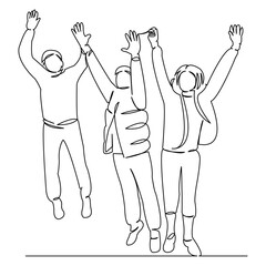 One continuous single drawing line art flat doodle happy, drawing, teenager, people, dancing, jump. Isolated image hand draw contour on a white background
