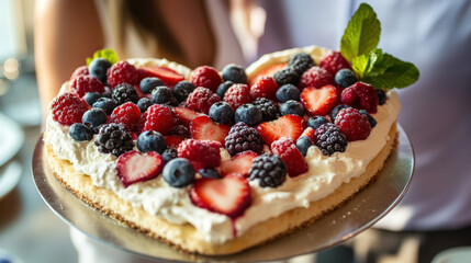 Heart-shaped berry cake with cream topping and mint garnish for a romantic dessert