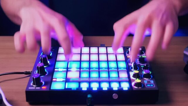 Close-up of beat maker playing an electronic DJ pad with colorful illuminated keys. Perfect for concepts involving music creation, technology, and digital soundscapes