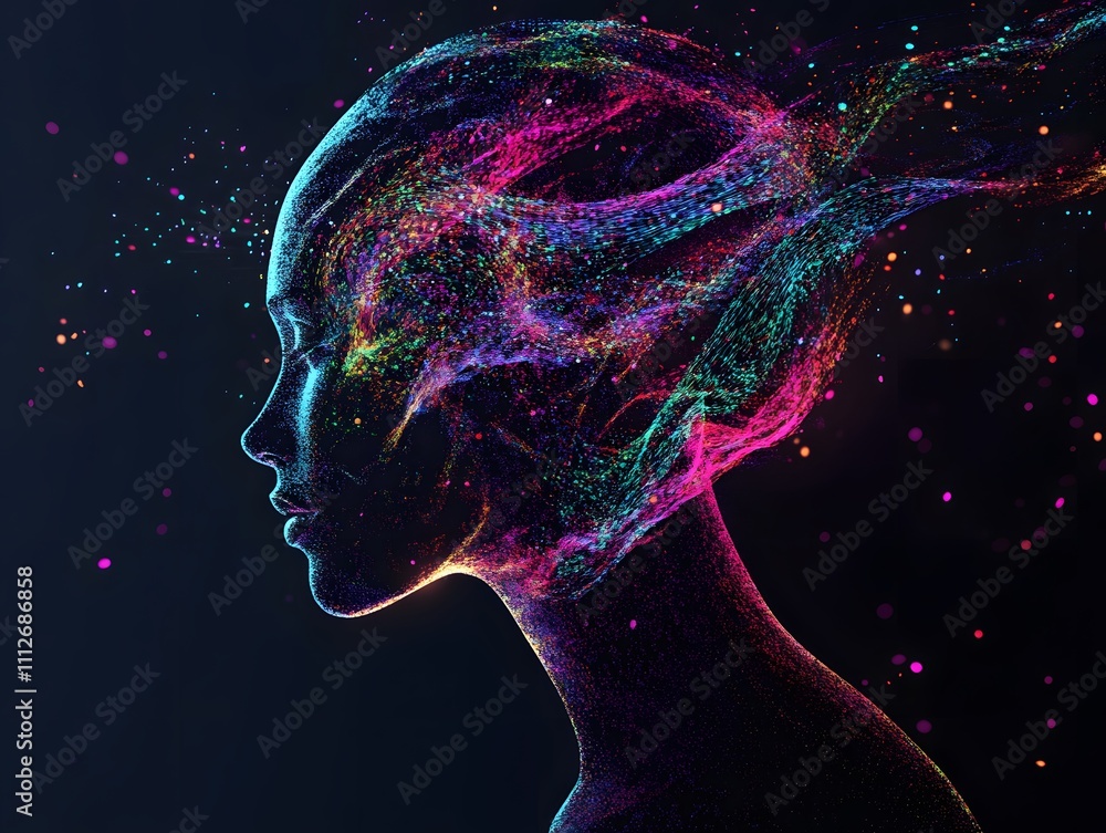 Aufkleber Abstract representation of a human head with colorful particles and waves symbolizing creativity, imagination, and the power of thoughts in a digital universe.