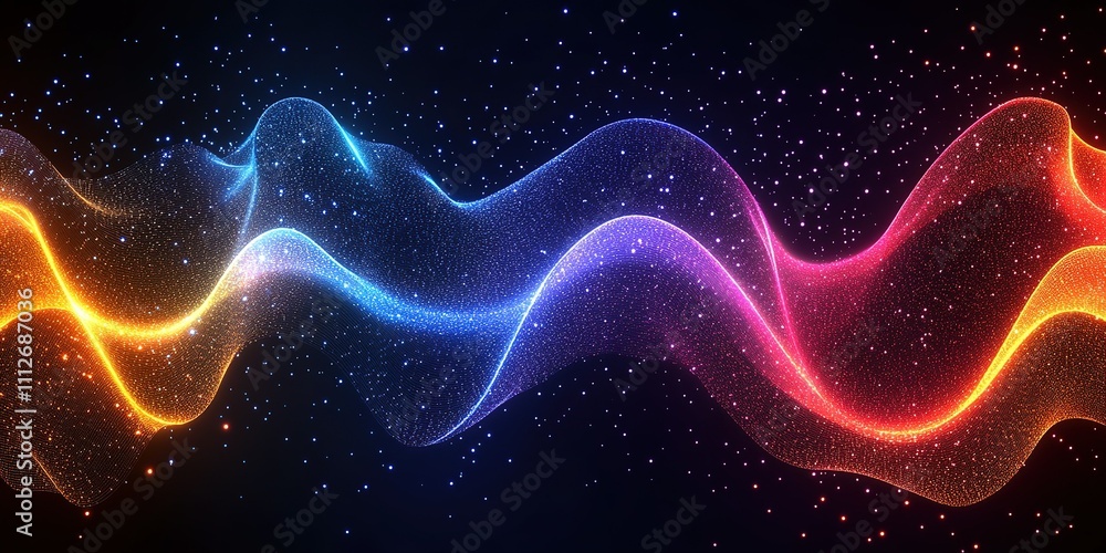 Poster colorful wave patterns with glowing particles create a mesmerizing digital art display in a dark bac
