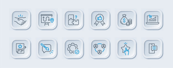 Business icons set. Handshake, puzzles and laptop with graphs and diagrams. Digital marketing, commerce and entrepreneurship. Linear vector collection
