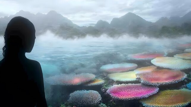 A double exposure of a coral reef with healthy colors fading into bleached sections, merged with a person’s silhouette looking into the ocean, conveying a sense of urgency and awareness regarding 
